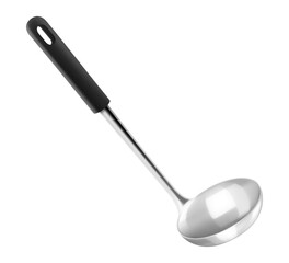 Silver metal soup ladle for first courses isolated on white background. Stainless steel scoop with black handle. Realistic 3D vector illustration. Kitchen utensils for cooking, tableware