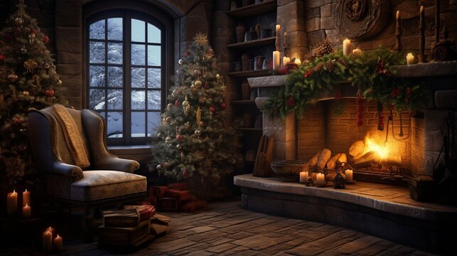 An enchanting Christmas scene featuring a rustic fireplace, cozy armchairs, and a softly lit tree