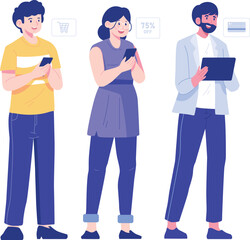 Obraz premium Young men and women using gadgets. People communicate and making selfie in your phone. Social networking and online communication concept. Set of cartoon character. Flat vector illustration