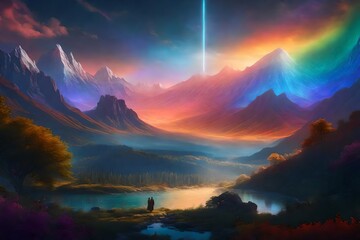 Naklejka premium The realm of dreams unfolds before your eyes, with a sky painted in the hues of the 7 lines of the photon - AI Generative