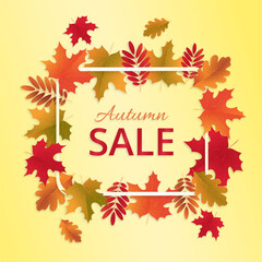 Fall colorful leaves frame and a tag with the text Autumn Sale composition. Autumn sale discount promotion banner design. Advertising sale concept poster design. Sale banner, sale tag