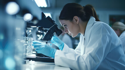 Scientist working with microscope in laboratory, science research and development concept