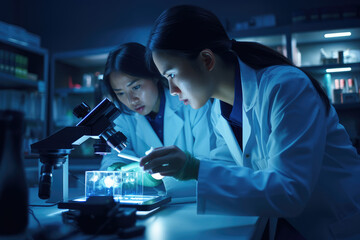 Scientist team working with microscope and test tube in laboratory at night