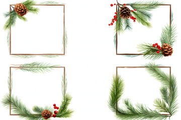 Obraz na płótnie Canvas Christmas fir branches frame set offers festive borders ideal for holiday cards and decor. Authentic fir designs give a natural, wintry touch. Perfect for the festive season!