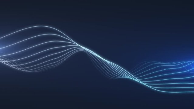 Evolution of abstract sine waves over time. Movement of a flap of blue threads. Looping seamless animation.