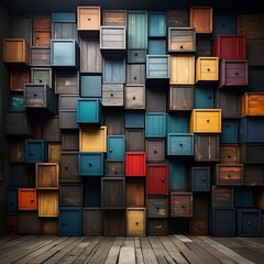 A large wall being made of wood boxes with different colors - obrazy, fototapety, plakaty