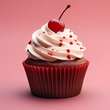 A cupcake with an icing and a cherry on pink background