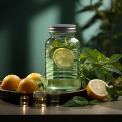 A lemon and mint water in a mason jar next to measuring tapes and an exercise watch