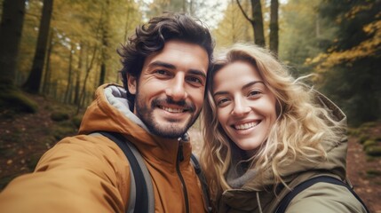 attractive italian couple taking a selfie in a forest in autumn