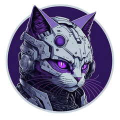 Cute cat, cyborg cat, white-purple cat, cat sticker, cat icon, cat logo, cat robot, cute cat cartoon, illustration, PNG, Generative AI