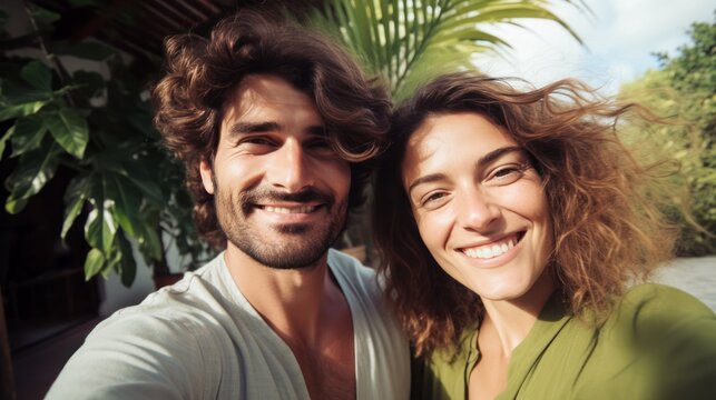 smiling couple taking a selfie on vacation on tropical island