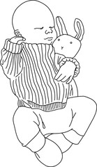 Newborn baby with toy line art. Cute baby hugging a toy art.
