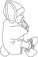 Newborn baby with toy line art. Cute baby hugging a toy art.