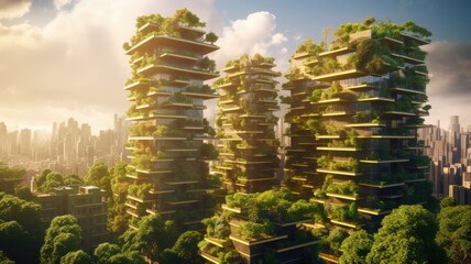 Environmental awareness city with vertical forest concept of metropolis covered with green plants. Civil architecture and natural biological life combination.Generative AI image weber.