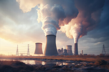 Nuclear power plant with smoking chimneys at sunset. Concept of environmental pollution - obrazy, fototapety, plakaty