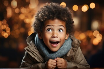 Excited little boy waiting near the Christmas tree. Copy space. Website images - Powered by Adobe