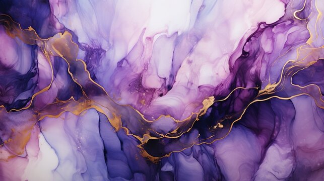 Luxury abstract modern background purple marble texture with golden glitter . Fluid art in alcohol ink technique