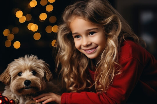 Happy girl in a Christmas atmosphere with her dog. Copy space. Website images