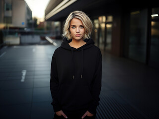Fototapeta premium Handsome young female wearing black blank hoodie with space for your logo or design. Mockup for print
