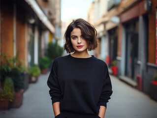 Handsome young female wearing black blank hoodie with space for your logo or design. Mockup for print