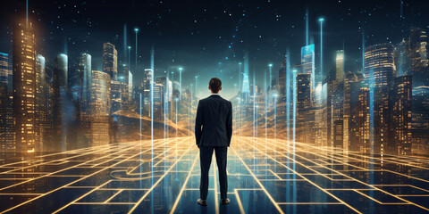 businessman looking at futuristic night cityscape and media interface