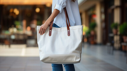 Empty reusable canvas tote bag mockup. Natural canvas eco-friendly shopper bag on girl's shoulder. Mockup for presentation of design or brand