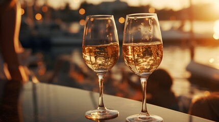Joyful Celebration: a Toast with Wine Glasses at a Festive Party. A sparkling toast with elegant stemware and glasses on a table. - obrazy, fototapety, plakaty