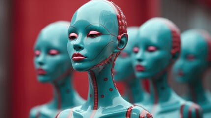 Sculpture artwork of alternative female mannequin figures representing a futuristic cyber fusion of human and artificial intelligence technology, nobody is truly unique anymore.   