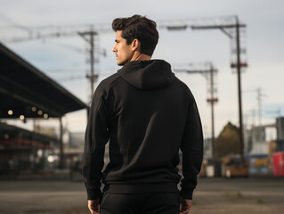 A young man dressed in a blank black hoodie against the background of the city street. Back view, mockup for your texts or designs