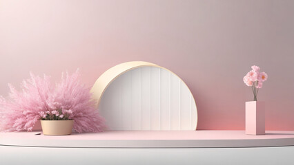 pink podium display with pastel color wall background. White texture wooden cylinder