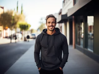  Attractive sporty man dressed in a blank black hoodie with hood and kangaroo pocket against the background of the city street. Mockup template for branding or printing © Irina Sharnina