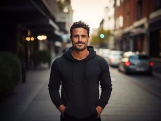 Foto op Plexiglas Attractive sporty man dressed in a blank black hoodie with hood and kangaroo pocket against the background of the city street. Mockup template for branding or printing © Irina Sharnina