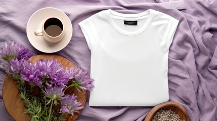 Top View Of Blank White Woman's T-Shirt Mockup On Purple Background With Boho Floral Decor And Coffee. T-Shirt Mock Up Template For T-Shirt Brand Or Print On Demand. Generative AI
