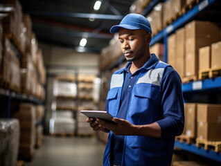 Afro american man worker inspects a warehouse using a tablet computer with a touch screen. Logistics, delivery of marketplace goods, fulfillment background - obrazy, fototapety, plakaty