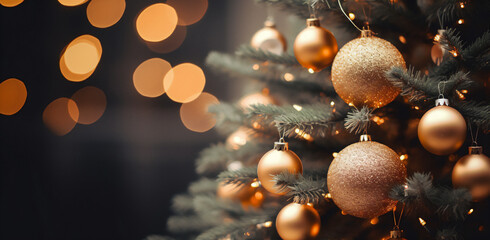Close up view of beautiful fir branches with shiny golden bauble or ball, Christmas holidays background. Generative AI
