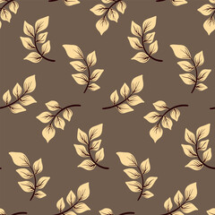 Seamless botanical pattern, abstract natural print with autumn foliage in vintage style. Floral design, simple ornament with hand drawn falling leaves on a brown background. Vector illustration.
