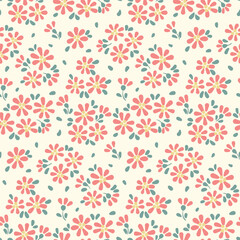 Seamless floral pattern, liberty ditsy print with simple spring daisies. Cute botanical design: tiny hand drawn plants, pretty small daisy flowers, leaves on a white field. Vector illustration.