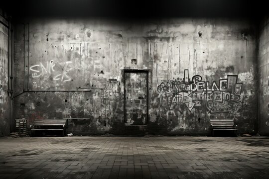 A black and white image of a graffiti-covered grunge wall, emphasizing the contrast and starkness of the urban environment