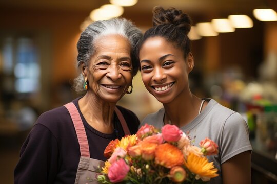 A heartwarming moment captured: a young African American woman spending quality time with her elderly mother or grandmother, reflecting love, care, and cherished family bonds.