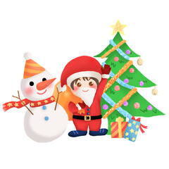 Merry Christmas Day mascots Cartoons Santa, Snow man and xmas tree. less line style illustration no background.
