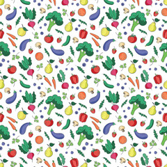 Seamless vector pattern with vegetables, fruits and berries. Vegan ornament for fabric and packaging