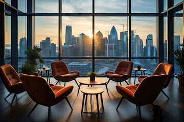 chairs on a circle on a high rise floor with a view to a major city
