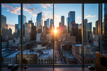 room with top to bottom windows with new york's view at sunrise