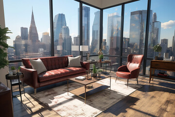 luxurious living room on a high rise building with top to bottom windows with a new york's view