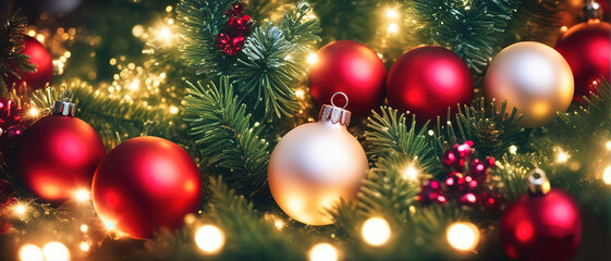 Obraz na płótnie Canvas Christmas background with shiny balls and blurred bokeh lights.