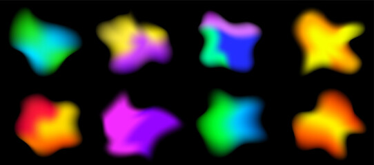 A set of multi-colored brush strokes. Gradient abstract shapes of colorful liquids. Collection of isolated holographic palette elements. Vector illustration