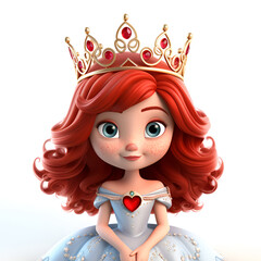 3d illustration. a cute little princess with red curly hair in a crown.