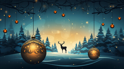 Gold Christmas ornament balls on blue nature background, room for marketing copy and text, winter seasonal 