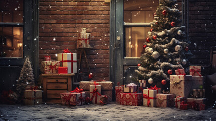 Christmas scene in warm winter house with fireplace and christmas presents,  winter seasonal marketing asset