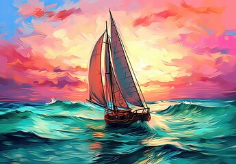 A rough and heavy sea during a thunderstorm. Large ocean wave with white foam at sunset of the day. Sailing vessel. Digital art in watercolor style. Illustration for cover, card, interior design.